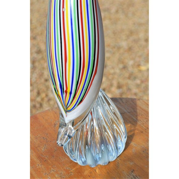 12" glass parrot white body ribbed clear pedestal. - Picture 5 of 7